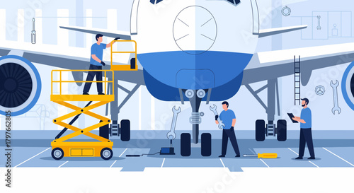 Aircraft Maintenance Team Inspecting Airplane in Hangar Facility