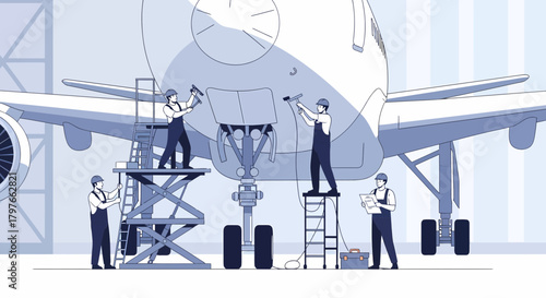 Aircraft Maintenance Crew Repairing Airplane In Hangar Illustration