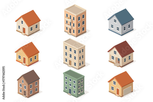 Isometric residential buildings set featuring detached houses, townhouses, and apartment blocks