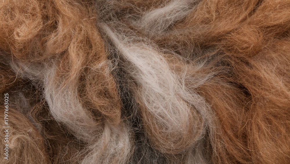 Fototapeta premium Closeup view of natural alpaca wool fleece showcasing brown, gray, and white fibers, emphasizing sustainable resources, warmth concept