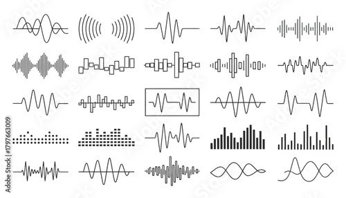 Collection of various sound wave visualizations in black and white