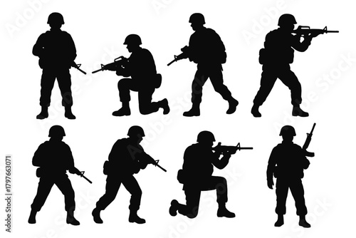 Black silhouettes of armed military personnel in tactical gear and action stances