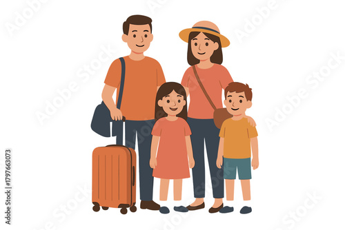 Cheerful family of four portrait ready for vacation travel with luggage