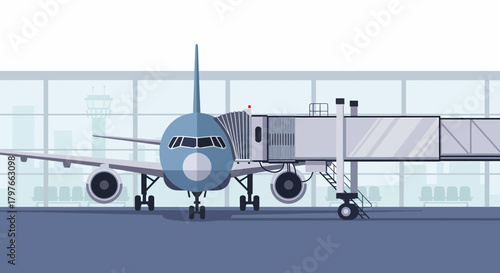 Airplane Parked At Airport Gate Ready For Boarding Travelers