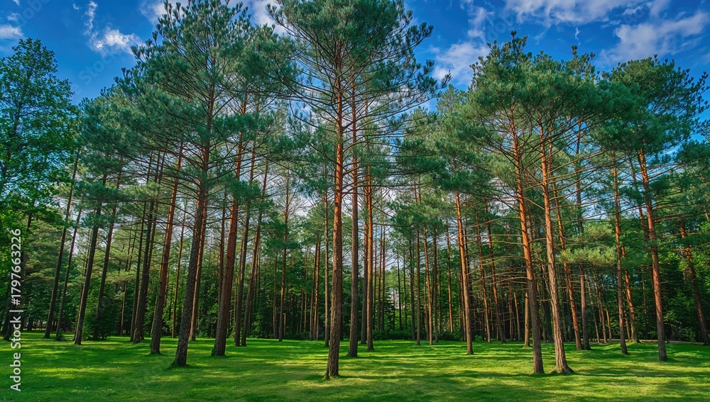 Naklejka premium Pine forest in a lush green park, ideal setting for nature enthusiasts