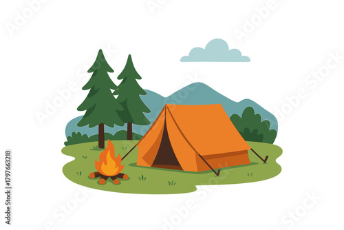 Orange camping tent and campfire in a forest clearing with mountains