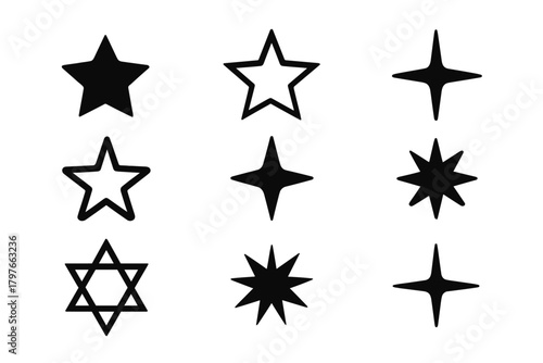 Assortment of classic and modern star shapes, sparkle icons, and geometric symbols in black silhouette