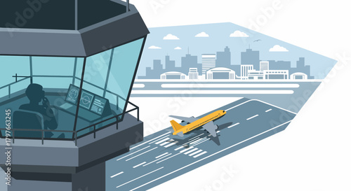 Airport Control Tower Directing An Aircraft Takeoff Vector Illustration