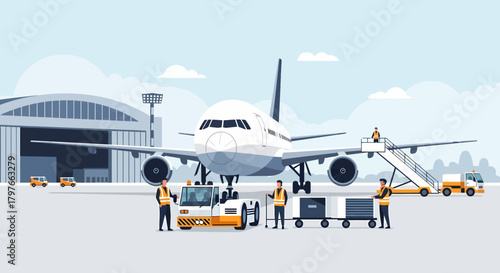 Airport Scene With Aircraft And Ground Support Equipment Illustration