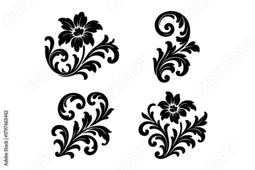 Four vintage baroque floral ornamental design elements in black silhouette