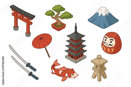 Isometric collection of traditional Japanese cultural symbols including Torii gate pagoda and bonsai