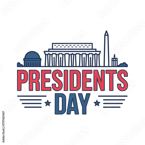 Presidents Day Celebration with Iconic American Landmarks and Patriotic Typography in Red White and Blue