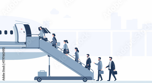Corporate Passengers Boarding Airplane Using Mobile Stairs For Business Travel