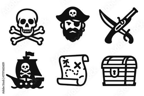 Classic pirate adventure symbols featuring skull and crossbones, captain, ship, treasure map, and chest