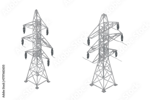 Two high voltage electricity transmission towers for power grid infrastructure