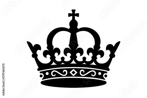 Detailed black silhouette of a royal crown featuring a cross finial and intricate decorative bands