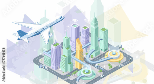Isometric Cityscape With Airplane Concept Of Modern Urban Life