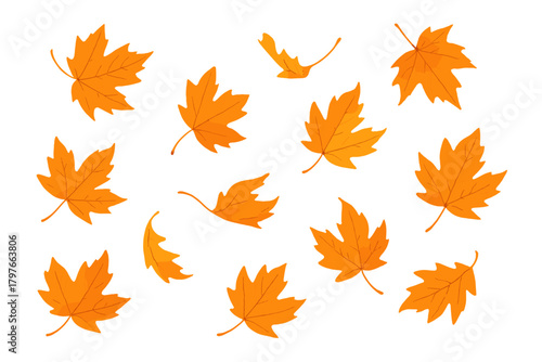 Scattered orange autumn maple leaves falling down creating a seamless pattern