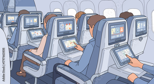 Passengers Enjoying Inflight Entertainment During An Airplane Flight