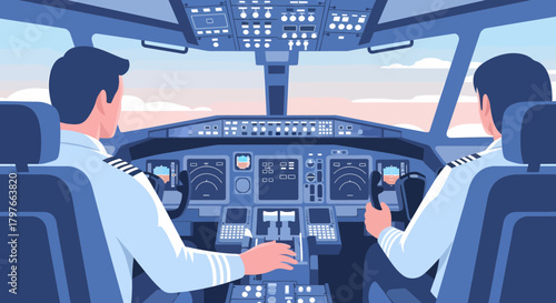Pilots Maneuvering Airplane Flight Deck Vector Illustration