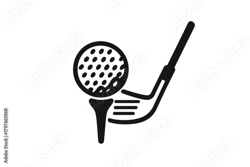 Minimalist graphic showing a golf ball resting on a tee positioned in front of a club head