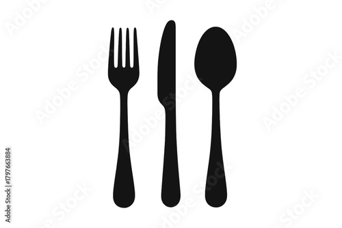 Minimalist black silhouette of fork knife and spoon cutlery set for food service design