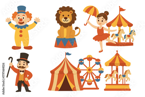 Vintage circus and carnival characters and attractions including clown, ringmaster, lion, and Ferris wheel