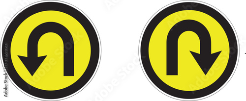 Two yellow circular signs with u turn arrows pointing down on a white background