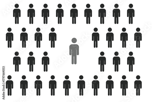 Gray male pictogram standing out from a large crowd of identical black figures