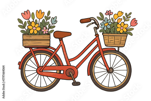Retro red bicycle loaded with spring and summer flowers in front and rear baskets