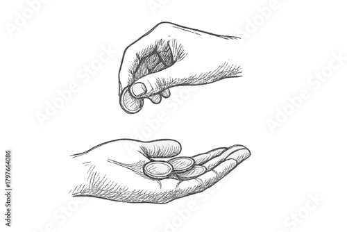 Exchange of money between two hands with one giving a coin and the other receiving payment