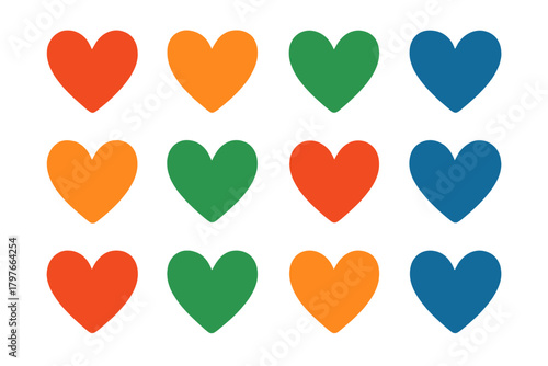 Twelve colorful heart shapes in a grid pattern symbolizing love and emotion