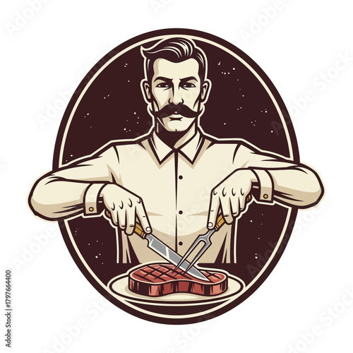 Man with mustache cutting steak on plate, ready to eat dinner.