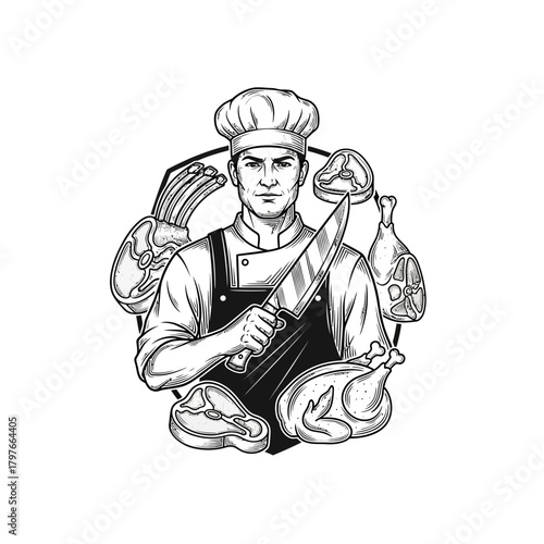 Monochrome illustration of a professional chef holding a knife surrounded by fresh meat cuts.