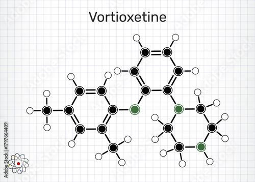 Vortioxetine molecule. Antidepressant drug for treatment of major depressive disorder (MDD). Sheet of paper in a cage. Chemical structure. Vector illustration
