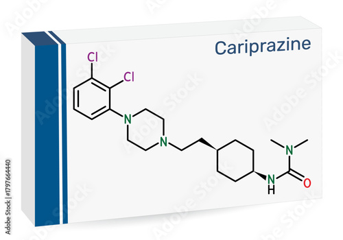Cariprazine molecule. Atypical antipsychotic medication used to treat schizophrenia and bipolar disorder. Skeletal chemical formula. Paper packaging for drugs. Vector illustration