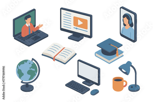 Isometric icons set for online education distance learning and remote study