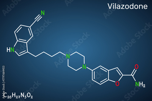 Vilazodone molecule, SERT inhibitor and 5-HT1A receptor partial agonist, antidepressant drug. Structural formula. Dark blue background. Vector illustration