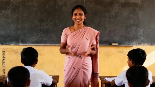 An Indian female teacher teaches students in a rural classroom. A woman in a sari explains a lesson in front of a chalkboard. Education and empowerment concept