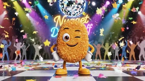 Animated chicken nugget dancing on disco floor with stage lighting