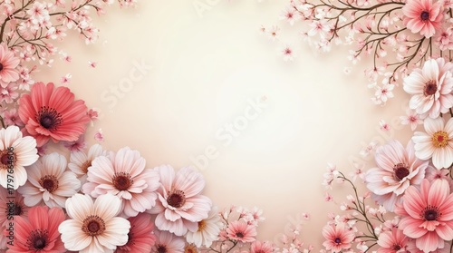 Elegant Floral Background with Soft Pink and White Flowers Framing a Subtle Cream Center for Creative Projects