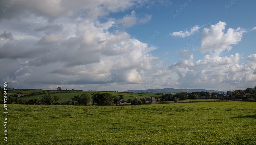 Obraz premium Sky Filled With Cumulus Clouds Above A Quaint Village During A Summer Evening, Ideal For Seasonal Reflection
