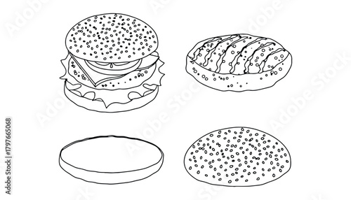 Black and white line drawing of a burger and burger bun components