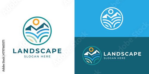 Creative simple mountain hills logo template. Mountain hills peak summit with circle shape. Landscape logo design vector illustration.