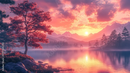 Wallpaper Mural Sunset Glow Red Tree Lake Reflection Background (Pink-Orange Light + Mountain Mist) Cozy Healing Natural Decoration Design Background
 Torontodigital.ca