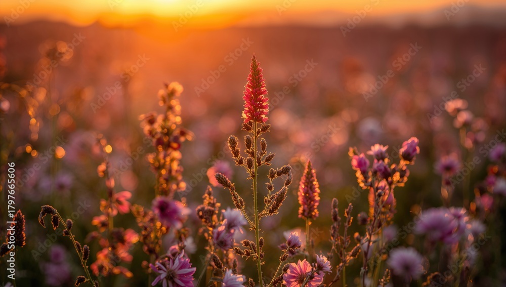 Obraz premium Silhouette of a plant against a sunset backdrop, highlighting seasonal change