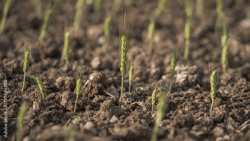 Obraz premium Young wheat plants flourishing in rich soil, symbolizing growth and agricultural development
