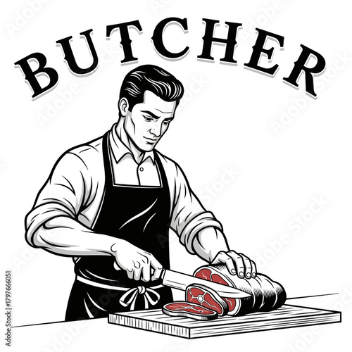 Skilled Butcher Professionally Slicing Meat with Precision.