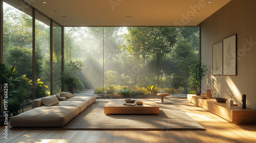 Stylish living room with large windows and natural light in a serene forest setting