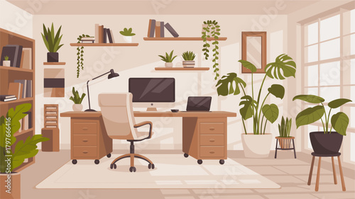 Modern minimalist home office vector illustration with wooden desk, beige chair, iMac, floating shelves, potted plants, and warm neutral tones for workspace and interior design.